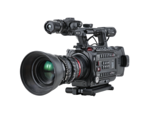 Professional video camera with large lens, grip, and controls, on black