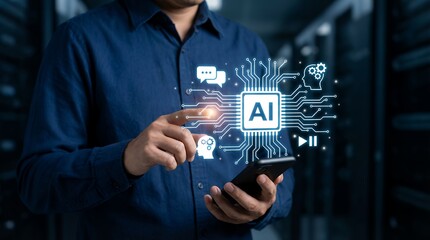 A man in a dark blue collared shirt holds a smartphone while interacting with a holographic projection of an AI chip brain icon and chat bubbles Artificial intelligence technology innovation