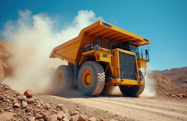 Giant yellow dump truck moves on dirt road kicking up dust cloud. Heavy vehicle operates at open pit mine construction area under bright blue sky. Powerful industrial machine transports earth