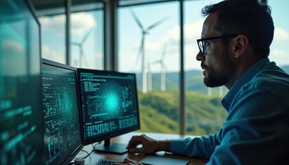 Man works on computers analyzing wind energy data. Wind turbines visible outside window show renewable power source. He monitors performance graphs for clean energy production.