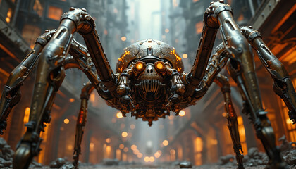 Mechanical spider made of metal and gears stands in steampunk city. Steam vents, industrial architecture create atmosphere. Creature has glowing eyes and intricate mechanical legs.