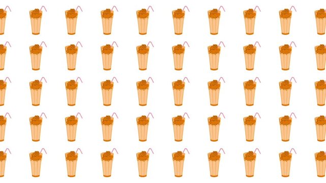 Many iced coffee drinks with straws in a repeated pattern for beverage advertisements, social media, and summerthemed designs.