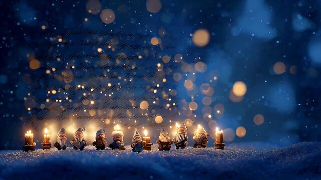 Magical Christmas Dwarfs Row of Gnomes with Candles in Snow Bokeh Night