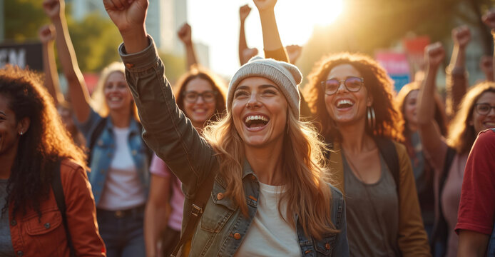 Group of diverse women protest outdoors raising hands. Cheerful females demonstrate for rights. Girls wear casual outfit. People rally for gender equality social justice. Crowd supports movement at - Powered by Adobe