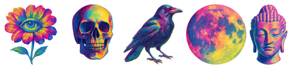 Obraz premium PNG Psychedelic mystical vibrant symbols, element set on transparent background