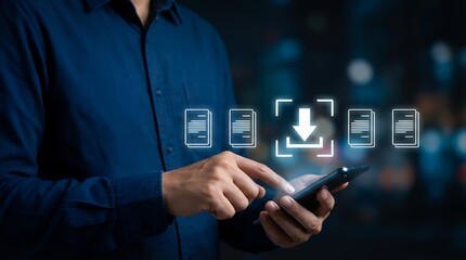 Person holding smartphone with digital icons showing document downloads and transfer Technology concept Data Upload File Internet Online Mobile Hand Network Connect System Information