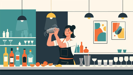 Flat vector of a bartender shaking a cocktail mixer behind the bar, ideal for mixology branding, nightlife promotions, and premium drink illustrations