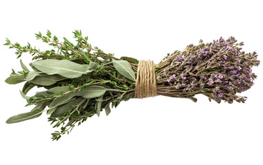 Modern graphic rendering of aromatic sage and thyme leaves tied together for natural flavor isolated on transparent background PNG