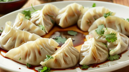 A detailed close-up captures delicate dumplings arranged in an artistic swirl. Soft textures and savory beef filling highlight traditional Asian cuisine. 