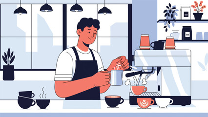 Flat modern vector of a barista steaming milk with an espresso machine, ideal for brewing tutorials, latte art guides, and specialty café visuals