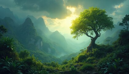 Misty green mountains with a sunlit tree on a cliff. Lush forest valley opens to hazy peaks under dramatic sky. Verdant wilderness with dense foliage and rocks.