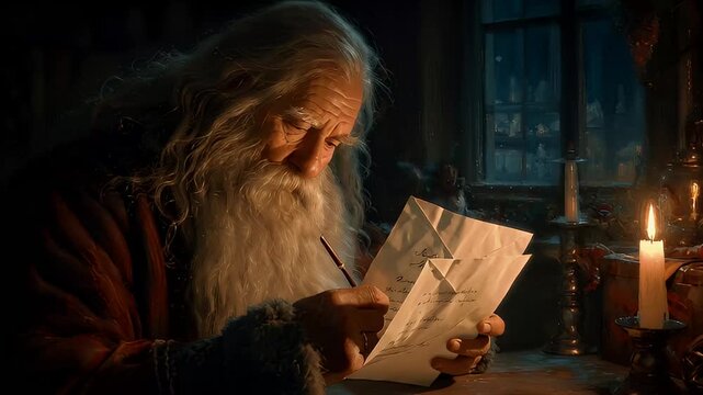 Santa Claus Writing Christmas Letters by Candle Light