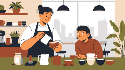 Flat vector of a barista teaching latte art to a student, ideal for workshop promotions, coffee academy materials, and café training visuals