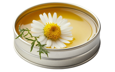 Handmade herbal lip balm in a tin with chamomile flowers highlighting natural skincare isolated on transparent background PNG