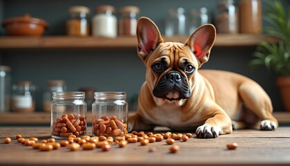 French bulldog rests near jars full of supplements and scattered pills on table. Dog gazes at pet vitamins, considering healthy diet. Pet wellness, nutrition, and care.