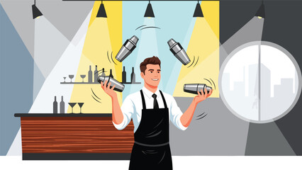Flat modern vector of a bartender juggling cocktail shakers, ideal for bar shows, mixology entertainment, and nightlife branding
