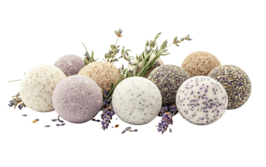 Modern graphic rendering of natural bath bomb set with dried lavender symbolizing organic body care isolated on transparent background PNG