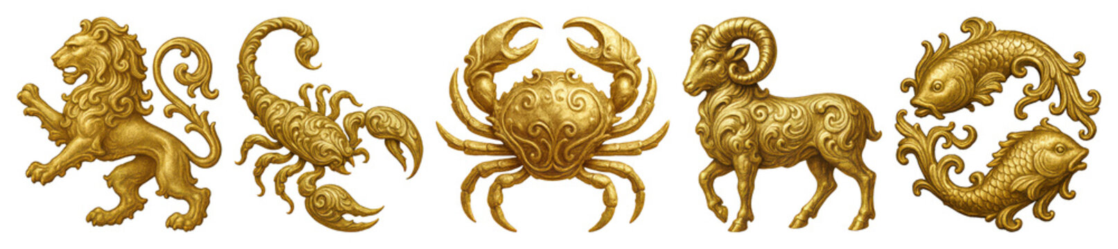 PNG Golden zodiac symbols intricately designed, element set on transparent background