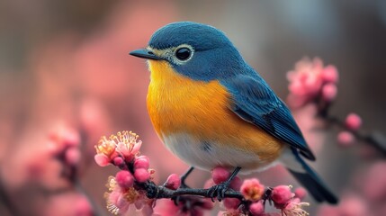 Fototapeta premium A stunning close-up captures a vibrant blue bird resting on a branch overflowing with delicate pink blossoms. A blurred background of soft pinks and greens enhances the image's depth and beauty.