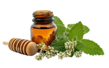 Herbal cough syrup bottle with honey dipper highlighting natural remedy for throat and respiratory care isolated on transparent background PNG