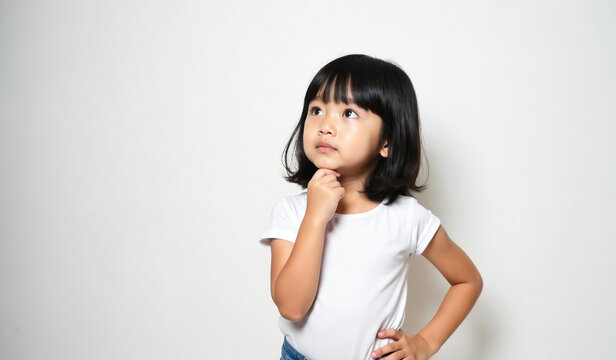 Thoughtful asian girl looks up pondering with hand on chin. Kid imagines something, dreaming about future. Child stands posing against white wall, considers new idea or creative inspiration concept.