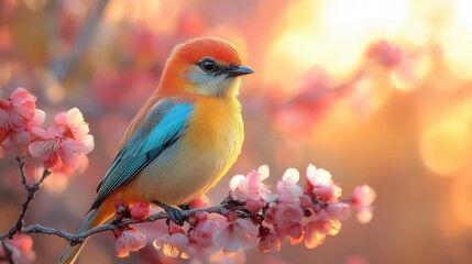 Obraz premium A colorful bird sits on a branch filled with pink flowers, creating a peaceful and vibrant scene in nature, enhanced by warm, blurred background colors.