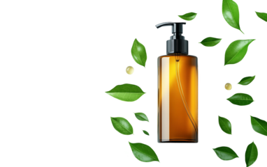 Flat style digital artwork of a shampoo bottle featuring green tea leaves representing wellness and nourishment isolated on transparent background PNG