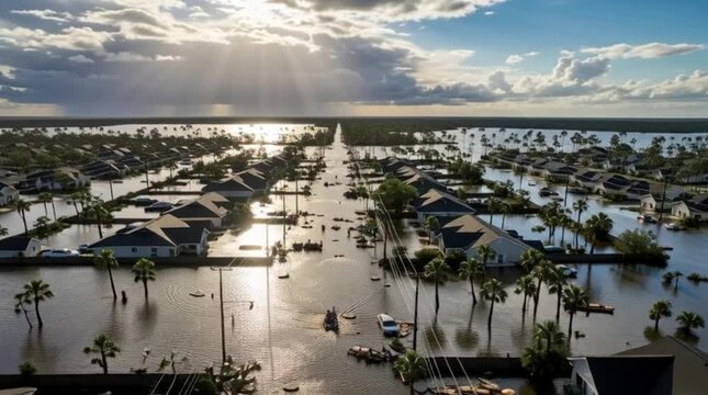 An apocalyptic aerial view of a major city half-submerged in floodwater, with skyscrapers rising from the water, a symbol of climate change.
