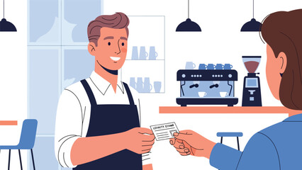 Flat modern vector of a barista handing a loyalty stamp card to a customer, ideal for café marketing, customer reward programs, and service visuals