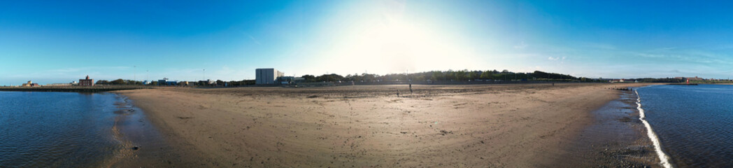 Aerial Panoramic View of Beach and Ocean of Newcastle Port City of Northern England, United...