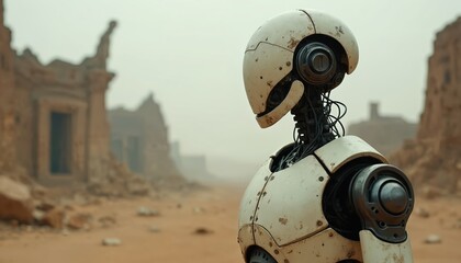 Robot stands in desert ruins. Ancient structures crumble around futuristic android. Post apocalyptic landscape, dusty atmosphere. Machine explores desolate earth.