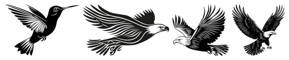 Obraz premium PNG Elegant bird silhouettes in flight, element set on transparent background