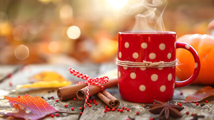 Cozy Autumn Steaming Red Mug with Cinnamon, Spices, and Fall Leaves