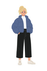 Winter fashion woman standing on white background wearing warm coat hat sweater leggings boots and bag modern cold season outfit character illustration for design use.