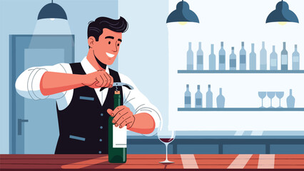 Flat modern vector of a bartender opening a wine bottle with a corkscrew, ideal for wine bars, restaurant menus, and sommelier visuals