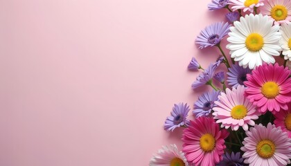 Floral frame features colorful daisies, gerberas on pink background. Flowers design element represents spring, summer, womens celebration, Mothers day greeting card floral decoration backdrop. Copy