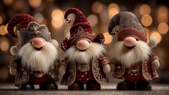 Three Adorable Christmas Dwarfs Gnomes Festive Bokeh Background