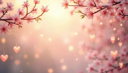 Soft pink cherry blossoms frame dreamy scene with glowing heart ornaments dangling delicately. Gentle bokeh lights create romantic, magical atmosphere perfect for celebrations, expressions of love.