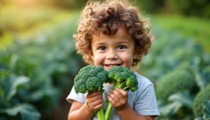 Happy curly boy holds two broccoli. Kid enjoys fresh raw vegetables outdoors. Healthy eating, childhood nutrition concept. Child promotes eco food. Generative AI art nourishment benefits, wellness.