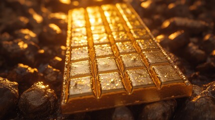 A luxurious bar of golden chocolate glistens with vibrant light reflections, creating a captivating visual display of texture and shine. Perfect for food, luxury, or indulgence themes.