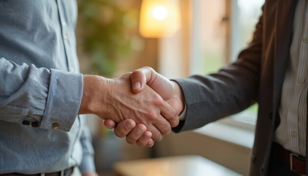 Two men shake hands. One man wears a blue shirt, the other a suit jacket. They meet indoors, possibly for business or finance discussion, signifying agreement.