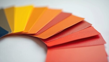 Collection of plastic color swatches arranged in a fan shape. Catalog displays shades of yellow orange and red. Material samples for design and production.
