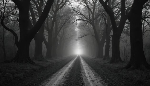 Dirt road between tall bare trees creates tunnel effect in thick fog. Light glows intensely at far end of path. Overcast sky with misty atmosphere. - Powered by Adobe