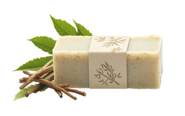 Elegant presentation of organic neem soap bar showcasing natural ingredients for healthy and glowing skin isolated on transparent background PNG