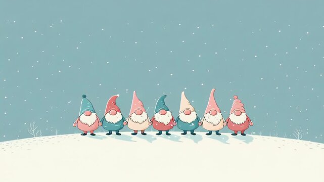 Seven Cute Christmas Dwarfs on Snowy Hill Winter Illustration