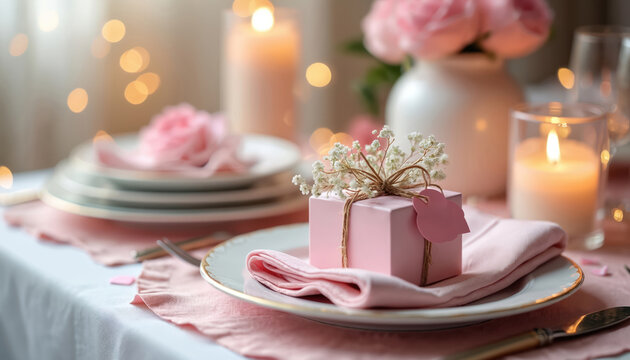 Elegant table setting for Mother Day. Pink gift box with flowers sits on plate. Candles and soft lights create warm, loving atmosphere. Special family celebration meal. - Powered by Adobe