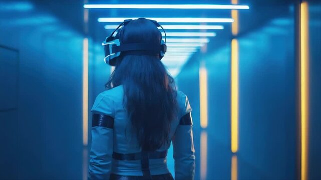 A person in a futuristic suit and VR headset stands in a blue-lit corridor
