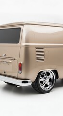 Classic gold van on white background retro vehicle with chrome wheels