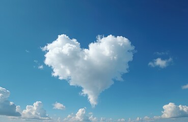 Heart shaped cloud floats in a clear blue sky. Fluffy white formations gather in atmospheric heaven, creating a romantic natural shape. Love and beauty combine in this sky view.