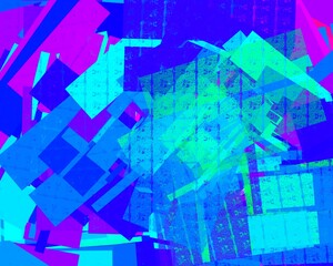 Obraz premium Abstract design. Blue, pink, teal hues. Geometric shapes. Textured surface. Chaotic arrangement. Digital art. Modern style. Vibrant colors. Layered effect. Creative backdrop